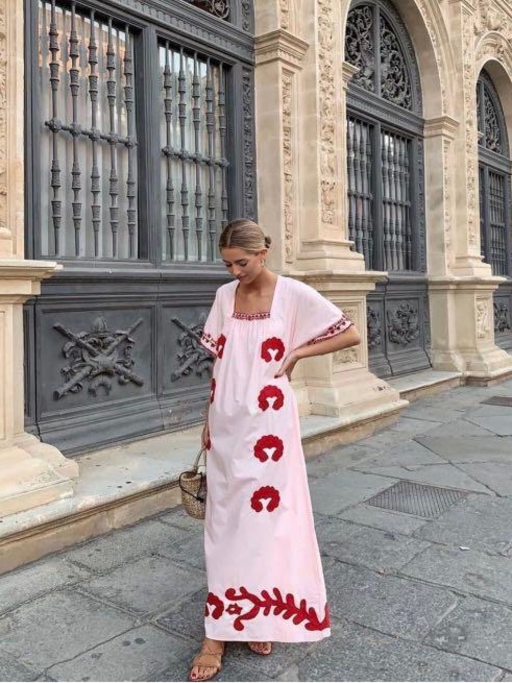 Zara Embroidered Pink & Red Maxi Dress